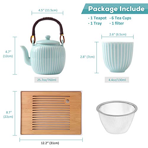 Dujust Japanese Tea Set, Cyan-blue Porcelain Tea Set with 1 Teapot Set, 6 Tea Cups, 1 Tea Tray, 1 Stainless Infuser, Asian Tea Sets for Adults/Tea Lover/Women/Men (Bamboo - Straight Grain Design) - color: Cyan-blue
