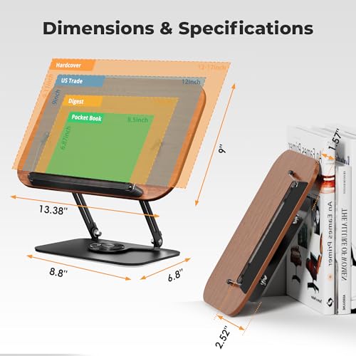 SupeDesk Book Stand for Reading, Adjustable Book Holder with 360° Rotating Bases, Foldable Designs, and Elastic Clips, Multifunctional Display Stand for Recipe, Cookbooks, Magazines, Tablets, Laptops - color: Dark Wood