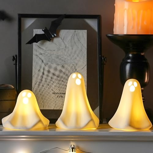 AOMOONOA Ceramic Ghost Decor, 3Pcs Light Up Ghosts for Halloween Decor - color: Haunted White
