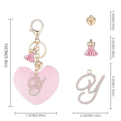 Initial Letter Heart Pom Pom Keychain for Women Pink Soft Fluffy Ball Key Ring for Purse Backpack Handbag - color: Y