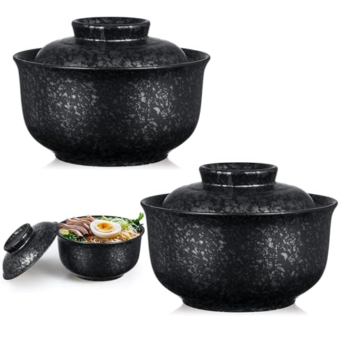 SiliFine Ramen Bowl Set of 2 Ceramic Ramen Bowl with Lid 25oz Microwave Clay Pot Traditional Japanese Tableware Korean Clay Pot for Christmas Soup Salad Meal Rice Home Office(Black,Calssic) - color: Black, style: Calssic