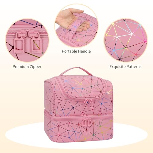CUBETASTIC Nail Polish Organizer Bag, Double Layer Nail Tech Travel Case Holds 27 Bottles & Nail Lamp, Pink Nail Storage Organizer Box for Supplies, Portable Manicure Case - color: Triangle Pink, size: 27 Slots