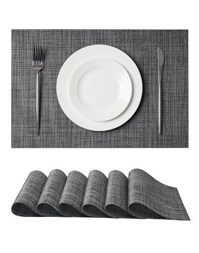 Leetaltree Black and Grey Woven Placemats Set of 6 - Heat Resistant Non-Slip Place mats for Dining Table, Washable Durable PVC Vinyl Woven Table Mats(Black & Grey, 6) - color: C0- Black and Grey, size: Set of 6