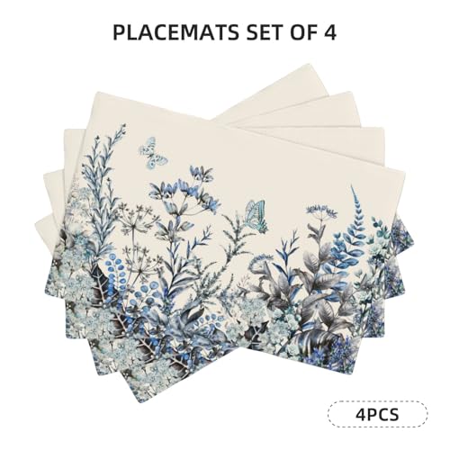 Blue Eucalyptus Floral Leaves Placemats Set of 4 12x18 Inch - color: Blue, size: Set of 4