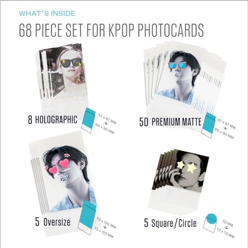4-in-1 Kpop Photocard Sleeves Protector Starter Kit | Includes 68 Card Sleeves in 3 Sizes Standard, Oversize, Square Holographic Sleeves. Kpop Photocard Collectors Durable Protective Card Sleeves
