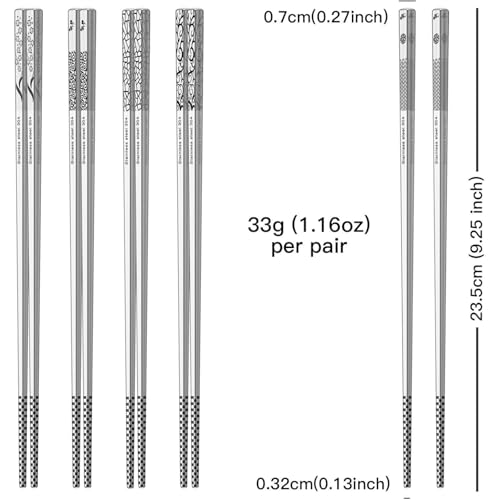 Metal Chopsticks Reusable 5 Pairs: Stainless Chopstick Set Dishwasher Safe,Non-Slip,Gift Box Packaging,Laser Engraved,Japanese Chinese Korean Chop Sticks for Cooking Eating - 5 Patterns
