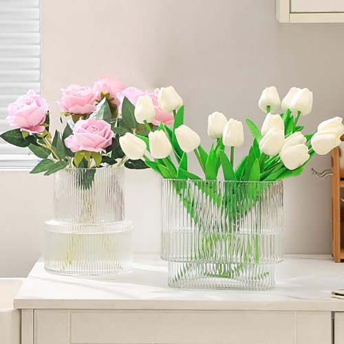 Ribbed Glass Vases, Set of 2 Fluted Vases for Flowers, Clear Vase for Tulips, Modern Glass Vase for Living Room, Dining Table, Office, Entryway, Mantle, Bookshelf, Wedding Gifts - color: Clear, size: Large+Oval
