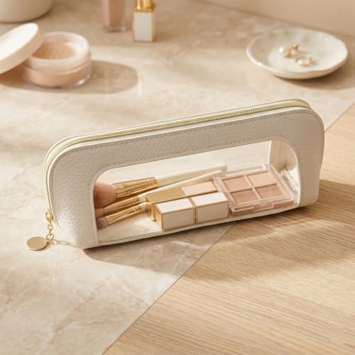 Makeup Brush Bag with Zipper, Portable Cosmetic Brush Organizer Case, Travel Brush Bag with Transparent Window, PU Leather Makeup Brush Storage Pouch for Purse, Bathroom, Vanity, White Pebbled - color: White Pebbled