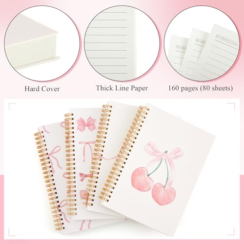 4 Pack Pink Bow Notebooks for Teen Girls & Women, Cute School Supplies, A5 - color: Pink, style: Bow Style