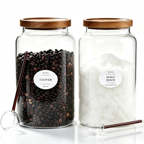 1 Gallon Glass Jars with Wood Lids and glass spoon, Sealable Waterproof, Borosilicate Large Tall Glass Sugar Flour Storage Container Jar Set for Candy, Cereal - 2 Pack (1 Gallon - 2 pack) - color: 1 Gallon - 2pcs