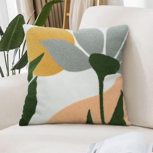 Merrycolor Boho Decorative Throw Pillow Covers Abstract Tufted Mid Century Modern Throw Pillows Leaf Sun Aesthetic Textured Pillow Cover Green Throw Pillows Cover for Bed Couch,Flower 18x18 Inch - color: Style I, size: 18" x 18" (Pack of 1)