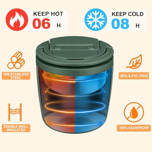 MAXSO Lunch Container 40 oz for Adults Stainless Steel Vacuum Insulated Food Jar, Soup Thermo for Hot Food Thermal Bento Box, Wide Mouth Leakproof Buckle Lid with Spoon - Green - color: Green