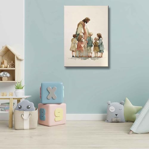 Jesus Children Canvas Wall Art Watercolor Jesus Child Painting Decor Pictures Nursery Christian God Posters Prints for Dining Living Prayer Room Kitchen Church Wall Bedroom Decoration - color: watercolor, size: 24"L x 16"W