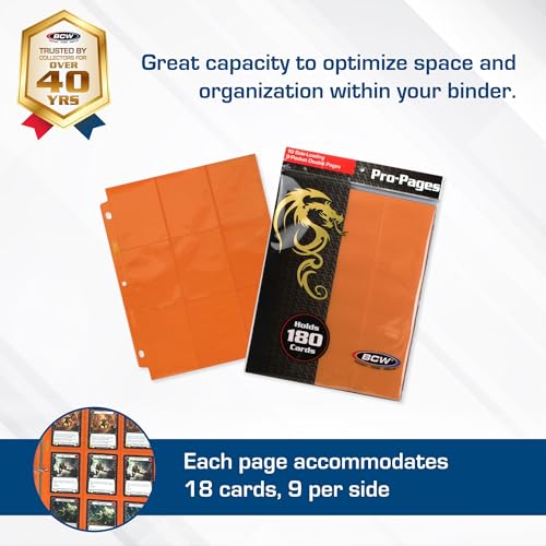 BCW Double-Sided 9-Pocket Pages Holder - 10 Orange Pages | Trading Card Binder Sheets | Secure Side Loading | Ideal Card Storage and Display Solution - color: Orange
