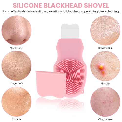 2-in-1 Silicone Face Scrubber & Blackhead Remover Tool, Facial Cleansing Brush with Stainless Steel Skin Spatula, Nose Pore Cleaner, Face Exfoliator for Deep Cleansing, Mask Applicator for Women & Men - color: Pink