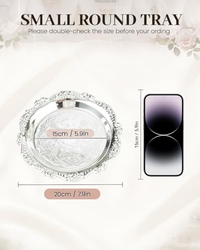 Silver Decorative Tray Set of 2, 8'' Round Vintage Metal Vanity Tray for Perfume, Small Ornate Jewelry Dish, Bathroom Counter Organizer, Coffee Table Decor - color: Silver, size: 8''