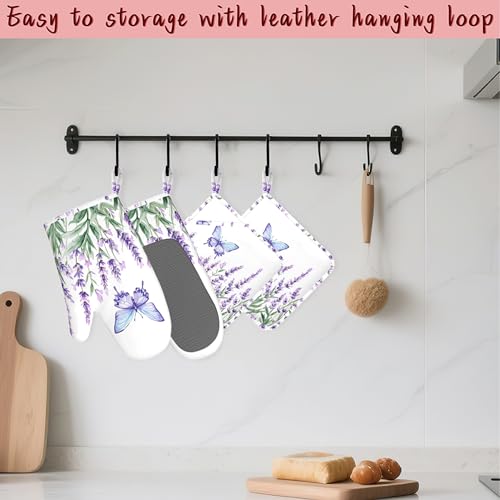 Lavender Heat-Resistant Silicone Oven Mitts and Pot Holders 4 Piece Set,Purple Butterfly Extra Long Non-Slip Kitchen Oven Gloves for Cooking, Baking, BBQ,Grilling - color: Lavender Purple Butterfly
