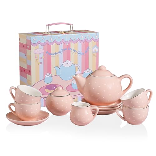 Sweejar Porcelain Tea Set for Little Girls,Kitchen Toys Tea Party Set for Kids Toddler Kitchen Pretend Toy Include Children Teapot, Cup & Saucer Set of 4, Sugar Bowl and Cream Pitcher(Pink Polka Dot) - color: Pink, style: Polka Dot