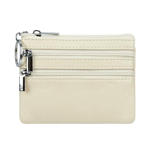 Women Genuine Leather Coin Purse Keychain Change Purse - color: Beige