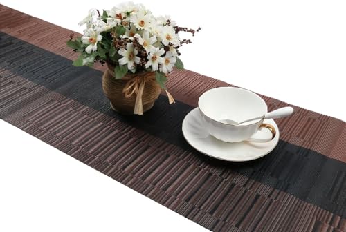 SHACOS Table Runners Woven Vinyl PVC Table Runner 12 x 36 inch Wipe Clean Bamboo Weave Countertop Table Decor Mats Indoor Outdoor, Ombre Coffee Black - color: Ombre Coffee Black, size: Table Runner 12 x 36 inch