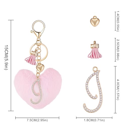 Initial Letter Heart Pom Pom Keychain for Women Pink Soft Fluffy Ball Key Ring for Purse Backpack Handbag - color: I