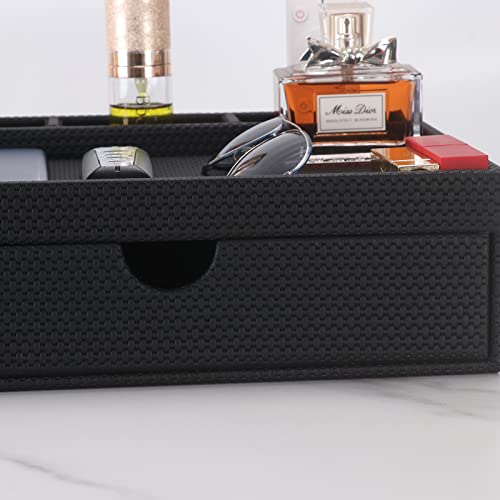 Leather Desk Organizer With Drawers, Home Cosmetics Organizer, Phone Remote Organizer, Drawer Plus Divider & Tray (black) - color: black