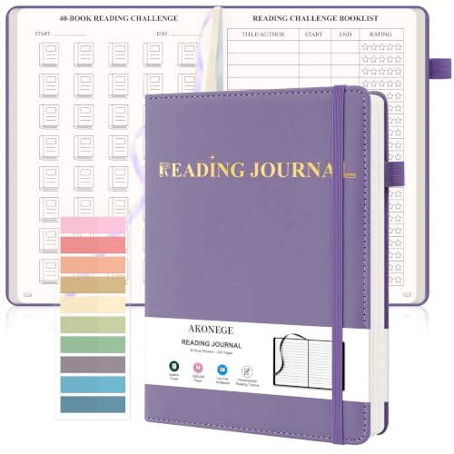 AKONEGE Reading Journal for Book Tracking - PU Leather Book Journal Reading Log with 80 Reviews for Readers, Accessories with Sticky Tabs, Pen Holder, Ribbon Bookmarks, 5.6" x 8.3", Purple - color: Purple