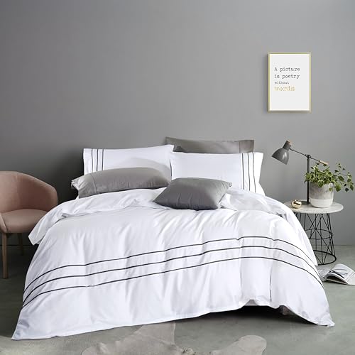 Karen 2 Pieces White Duvet Cover Set Without Filling Grey Stripe Trim 100% Egyptian Cotton 300 Thread Count Soft Sateen Hotel Collection Zipper Closure Corner Ties (White Grey, Twin)… - color: White Grey, size: Twin
