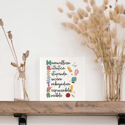 Spanish Teacher Maestra Appreciation Gifts Decor, Regalos Para Maestras Mujeres, Back to School Gifts for Teachers, Spanish Educator Wood Signs for Home Room Desk Table Shelf, 5x5 Inch - color: Teacher-Maestras
