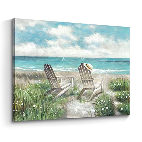 Beach Canvas Wall Art Picture: Ocean Sea Painting Decor Coastal Chair Seaside Grass Artwork Wave Seascape Scene Print for Bathroom Bedroom - color: Beach Chair, size: 24"L x 18"W