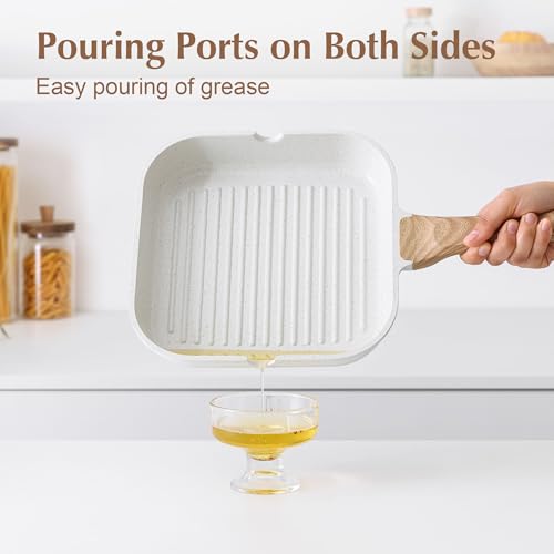 SENSARTE Nonstick Ceramic Grill Pan with Lid, Grill Pan for Stove Tops, Square Grilling Pan with Pour Spouts, Durable Grill Skillet for All Stoves, Steak Bacon Pan, Non Toxic PTFE,PFAS,PFOA Free - color: White Ceramic, size: 11 Inch