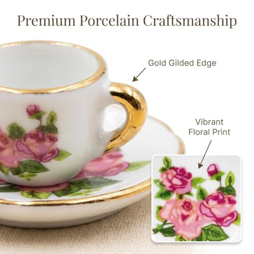 Miniature Tea Set 1/6 Scale Dollhouse Accessories Porcelain Rose - color: Rose