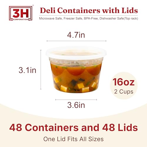 16oz Deli Containers with Lids (48 Sets) Plastic Pint Containers With Lids, BPA Free Microwave Safe Leakproof Stackable Freezer Containers With Lids for Overnight Oat, Food Storage - size: 16 oz - 48 Sets