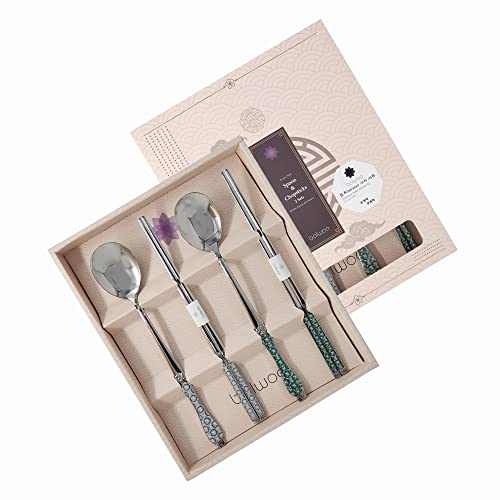 [Made in Korea] Goryeo Celadon Design Korean Table Sticky Rice Spoon and Chopsticks 430 Stainless Steel Glossy Surface Mukbang Cutlery (White and Blue) - style: White and Blue
