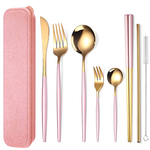 AARAINBOW 8 Pieces Stainless Steel Flatware Set Portable Reusable Cutlery Set Travel Utensils Set Including Chopsticks Knife Fork Spoon Straws Cleaning Brush Dishwasher Safe (Pink Golden) - color: Pink Golden