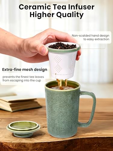 Ceramic Tea Mug with Infuser and Lid,16oz Porcelain Loose Leaf Tea Cup with Large Handle,Metal-Free Filter,Microwave &Dishwasher Safe,Perfect for Tea,Coffee (Sage Green) - color: Sage Green