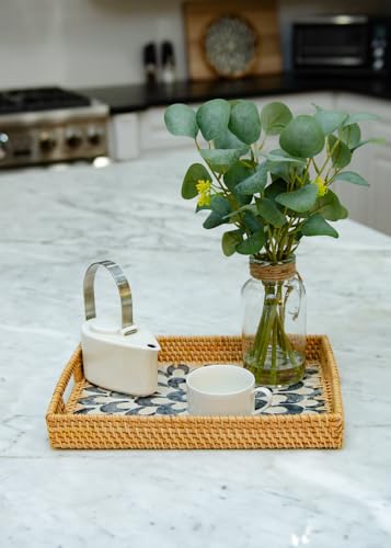 Magenta & Teal Decorative Rectangle Rattan Serving Tray 13x9 inch Mother of Pearl Inlay, Wicker Coffee Table Decor, Farmhouse (Blue Tan Flower) - color: Blue Tan Flower
