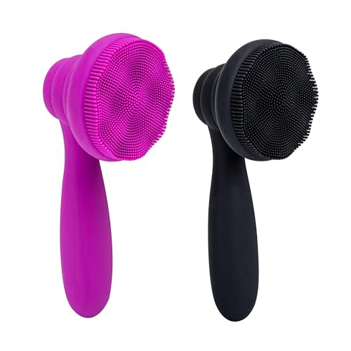2 PC Silicone Facial Cleansing Brush Facial Scrubber Manual Exfoliating Facial Brush Face Cleanser Face Exfoliator Ultrafine Bristles for Sensitive Skin Easy to Clean Lather Well(Black&Purple) - color: Black&purple