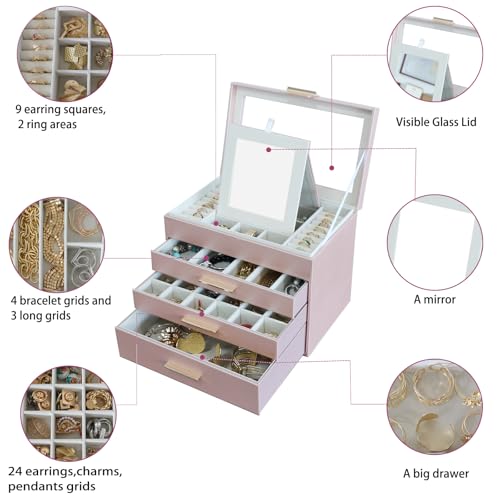 BOOVO Jewelry Boxes for Women, White and Black 6 Layer Large Jewelry Box for Necklace, Bracelet, Earrings, Rings Storage, Jewelry holder Organizer for Girls Gift (Rose gold, 4 layer) - color: Rose gold, size: 4 layer