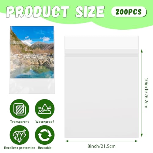 VOKOY 200 Pack 8 3/8 x 10 1/8 inches Crystal Clear Sleeves Storage Bags, Self Sealing Cellophane Bags Magazine Sleeves Protectors for 8x10 Photo Mats Art Prints Drawings - size: 8 x 10 Inch, style: 200 Pack