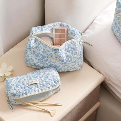 HBselect Quilted Makeup Bag, 3Pcs Cotton Large Travel Makeup Bags Organizer - color: A-3PCS-Floral 6