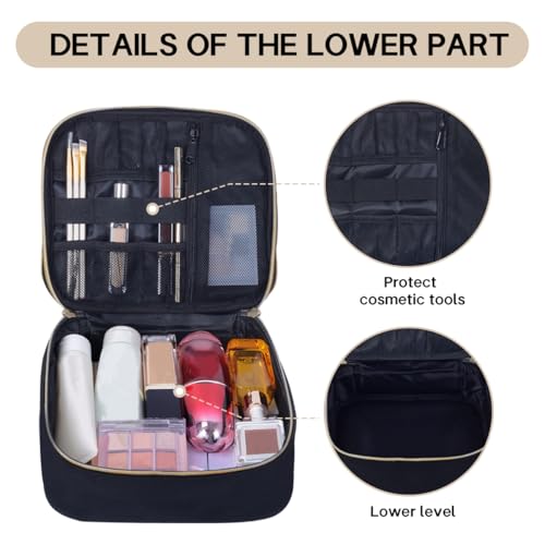 Double Layer Makeup Bag with Adjustable Dividers, Black - color: Black