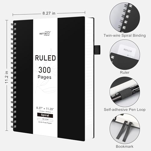 RETTACY Spiral College Ruled Notebook, 300 Pages, A4 Size (8.2" x 11.2") - color: Black, size: 8.2" x 11.2"