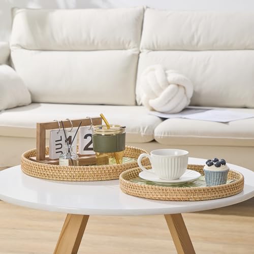 Round Rattan Tray with Mother of Pearl Inlay, Rattan Serving Tray with Wooden Base, Decorative Wicker Basket for Table Decor, Storage and Display of Coffee Bread Food Fruit (Leaf 13.5") - color: Leaf, size: 13.5"