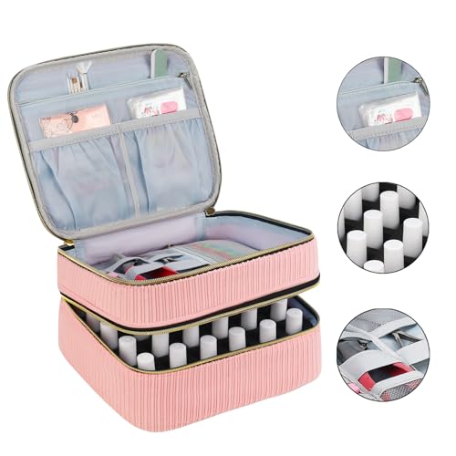 Nail Polish Organizer- Holds 30 Bottles, Nail Organizers and Storage Double-Layer Nail Bag Organizer Case Nail Polish Holder with Handle, Nail Kit Organizer for Manicures Tools (Pink) - color: Pink