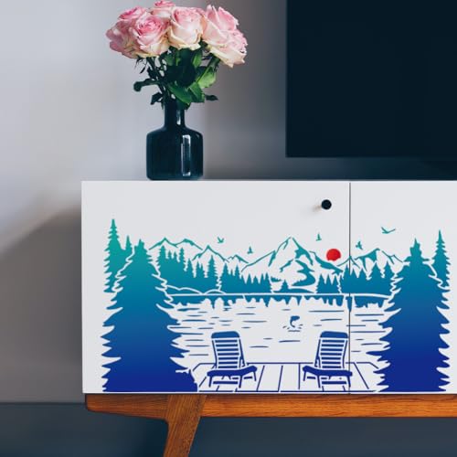 MAYJOYDIY 2pcs Landscape Lake Sunset Stencil 22.3×11inch Splicing Style Forest Lake Mountain Fishing Stencil with Paint Brush Large Natural Scenery 11.8×11.8inch Template for Art Crafts Furniture - color: Landscape Lake Sunset