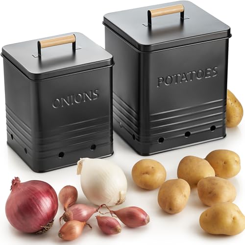Beautiful Potato and Onion Storage Container Set - Food Safe Metal Bins - color: Black