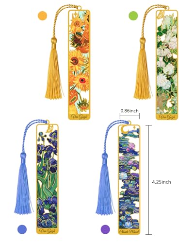 4 Pieces Metal Bookmarks with Tassel, Golden Hollow Bookmark Van Gogh Monet Oil Painting Theme Book Marker for Book Lovers Writers Readers Children Teens Men Women Adults - style: Paintings-4PCS