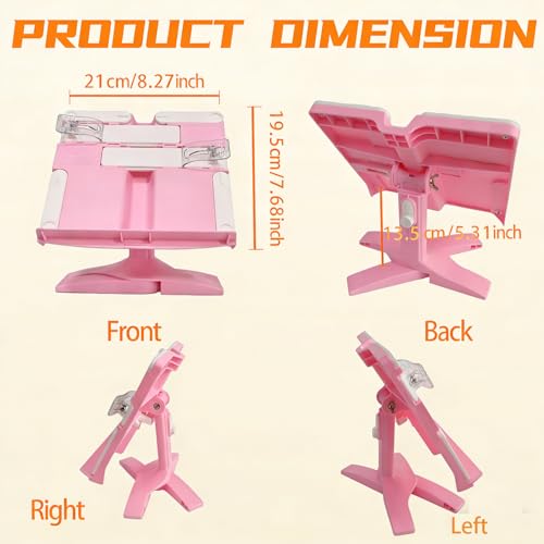 Book Stand for Desk, Kids Book Stand Adjustable Shelf Thick Base Foldable Riser Holder, Portable Desktop with Elastic Page Clips Gift for Children (Pink) - color: Pink