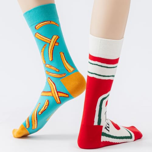 2 Pairs Cartoon Animal Crew Socks Fun Cotton Mid Calf Socks for Women - color: French Fries & Ketchup